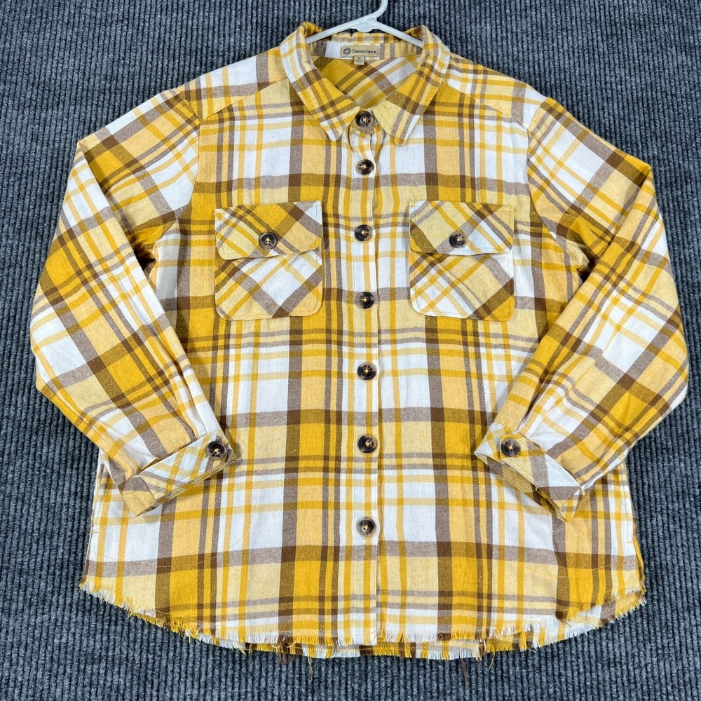 Democracy Womens Shirt Medium Yellow Plaid Long Sleeve Button Up Sharp - Picture 2 of 16